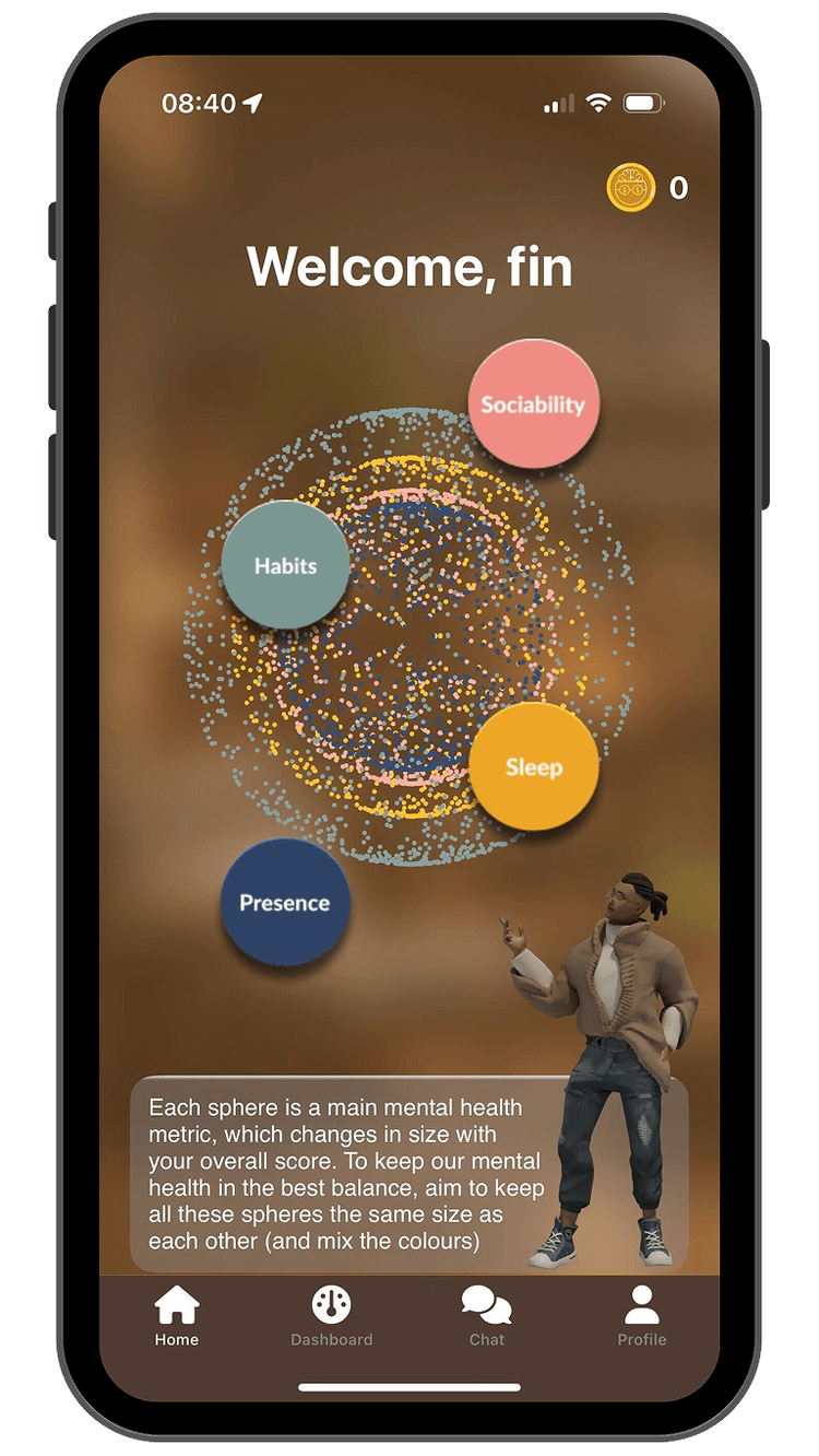 Rumii app home screen showing behavioural health spheres — sleep, habits, sociability, presence